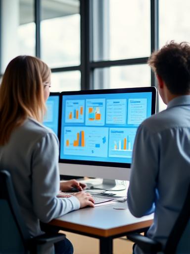 A professional group in a bright office looking at data visualizations on a screen